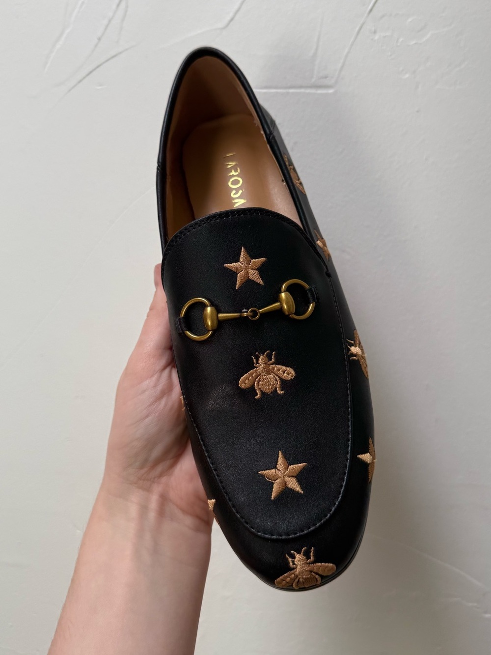 Larosa Black Leather Embroidered Bee & Star Horsebit Loafer
